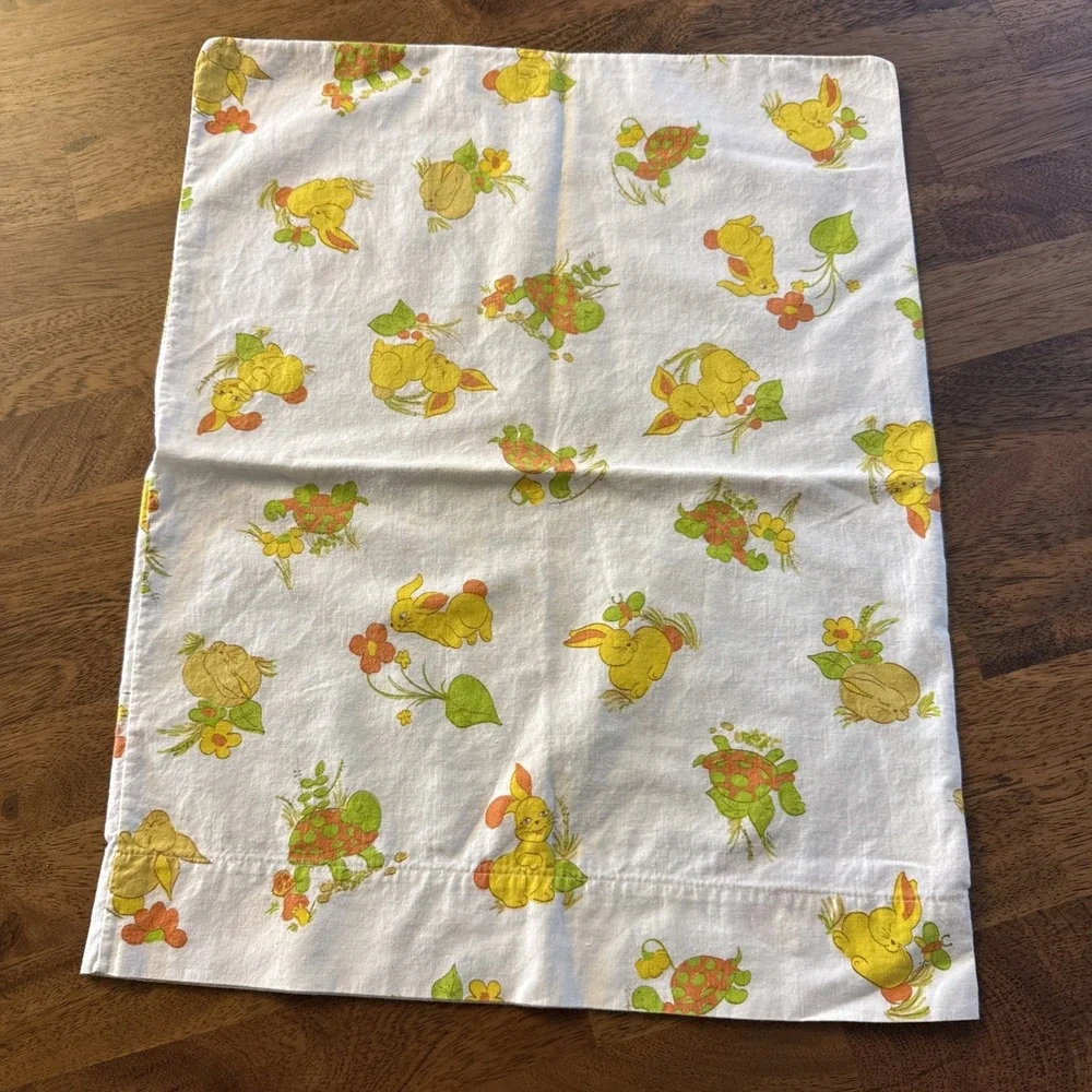 Vintage 1970s Babycare Crib Pillowcase Yellow Bunny Green Turtle Nursery